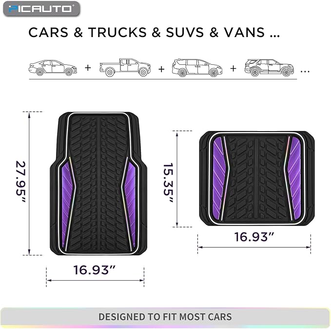 PIC AUTO Car Floor Mats, Purple Aluminum-Molded with Full-Circle Iridescent Inlay Strip Car Mats, Universal-Fit Rubber Mats for Cars, Trucks & SUVs, All-Weather, Non-Slip, Easy-to-Clean Interior Mats