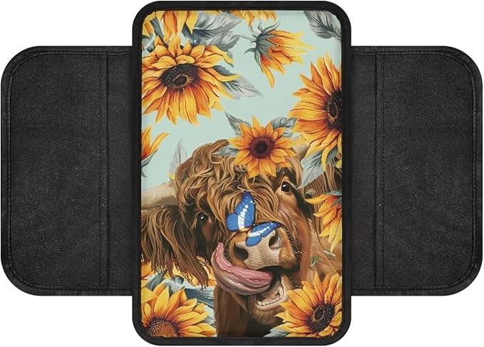 Dreaweet Center Console Cover with Pockets Sunflower Highland Cow Car Accessories for Women Interior,Arm Rest Cover for Car Truck SUV,Universal Car Armrest Cover Cushion Pad