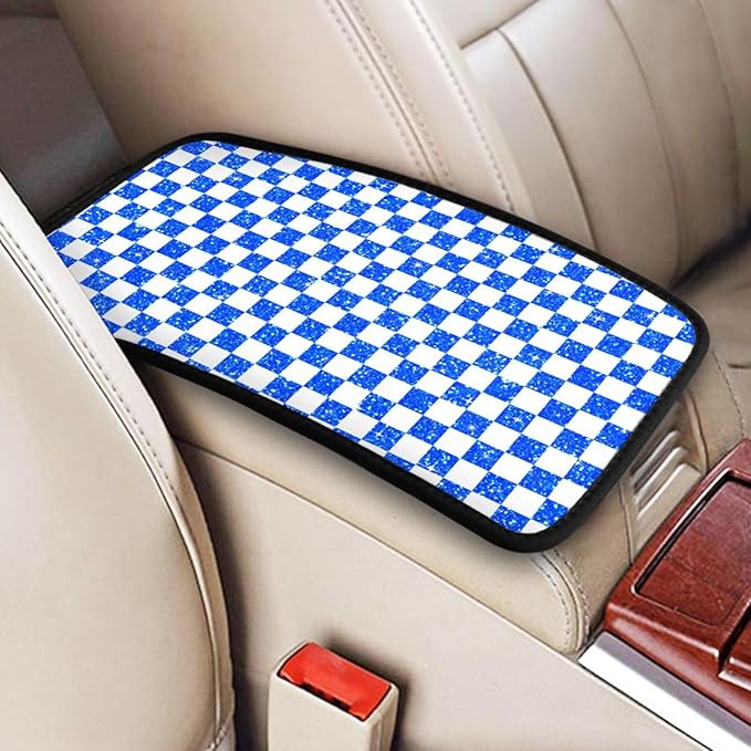 Glitter Blue White Checkered Chessboard Flag (2) Car Armrest Pad Cute Cars Center Console Cover Auto Handrail Box Cushion Armrests Cover
