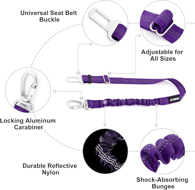 APakBak Dog Seat Belt for Car, Adjustable Dog Car Harness Seatbelt for Small Medium Large Dogs, Heavy Duty Travel Safety Restraint with Locking Aluminum Hook & Reflective Nylon Strap, Purple