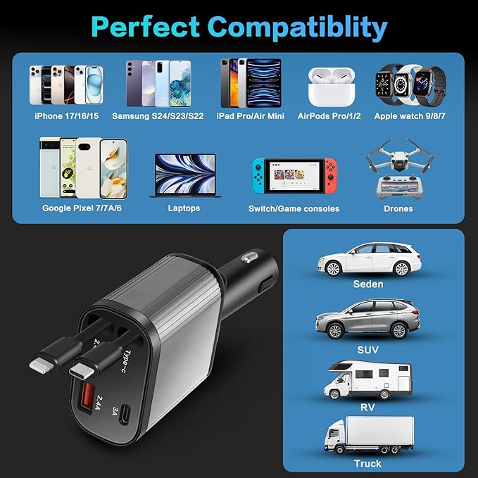 Retractable Car Charger, 4-in-1 Fast Charging with Dual Retractable Cables, USB-C and USB-A Car Adapter for iPhone 17 16 15 14 13 Pro Max, Samsung Galaxy, Pixel, Android Devices