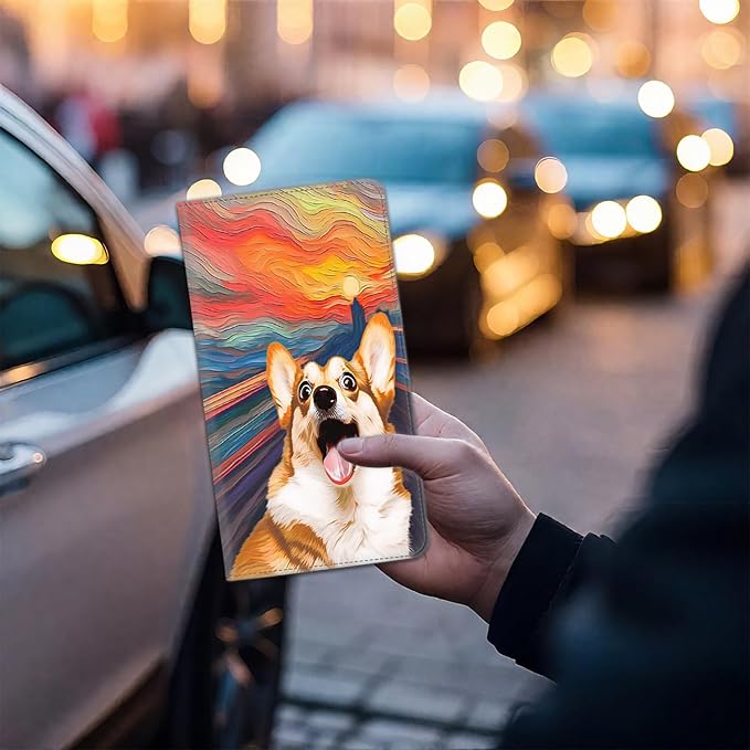 Car Registration and Insurance Card Holder for Women Men, Waterproof PU Leather Glove Box Car Organizer with Magnetic Shut, Vehicle Document Holder for Driver License,Cards, Corgi Dog Oil Painting
