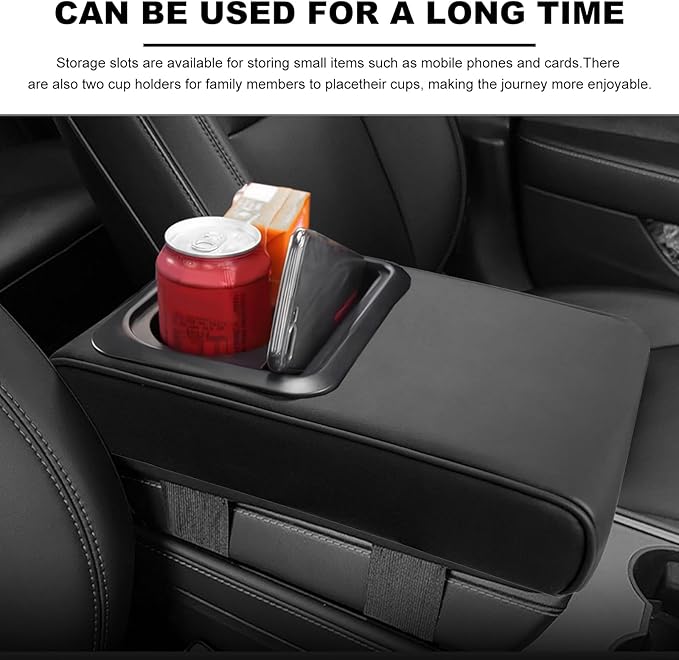 Car Center Console Armrest Pillow, Waterproof Leather Armrest Cushion with Cup Holder & Phone Holder, Memory Foam Arm Rest Box Cover Protector with Storage Bag for Most Cars (Glossy Black)