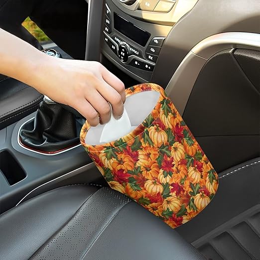 Maple Leaves Pumpkins Trash Can for Car Auto Garbage Can for Back Seat Leak Proof with Adjustable Buttons Car Accessories for Women Interior