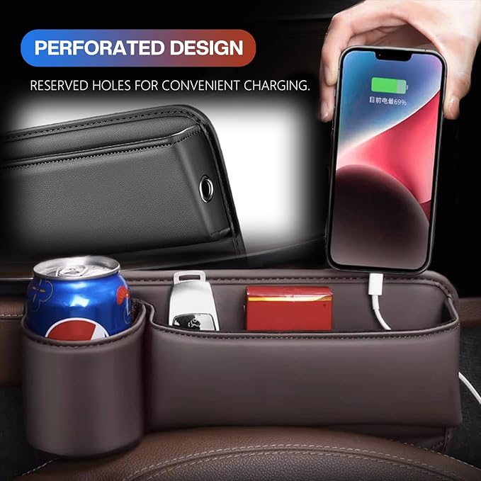 Car Leather Cup Holder Gap Bag, Car Seat Gap Filler Organizer with Water Cup Holder and Phone Charging Hole (Wine, Passenger Side)
