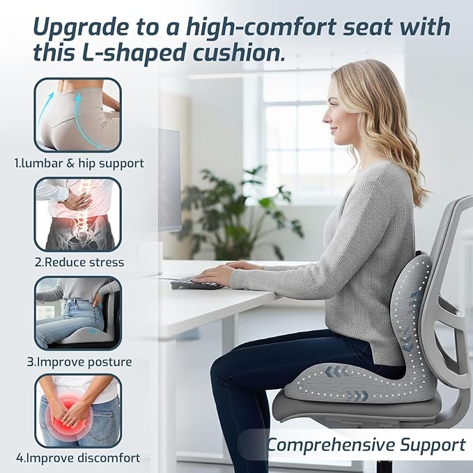 Office Chair Cushions with Lumbar Support Pillow, Soothe Back and Seat Cushion Memory Foam, Non Slip Adjustable Strap for Lower Back Pain Sciatica Relief Office Workers Car Drivers (Black+Light Gray)