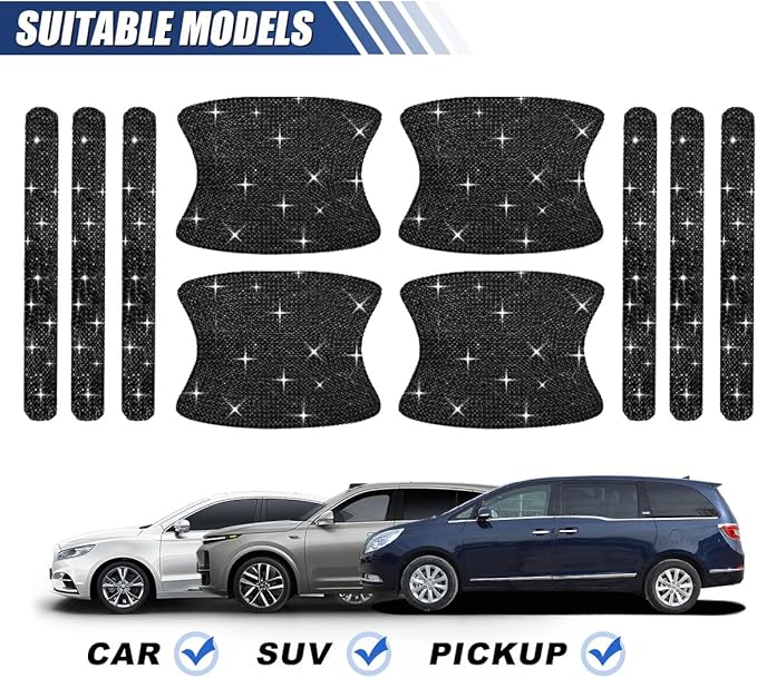 10PCS Bling Car Door Handle Protector, Crystal Rhinestone Anti-Scratch Car Bowl Decoration Sticker Decal, Universal Auto Exterior Door Protective Covers Accessories for Women (Black)
