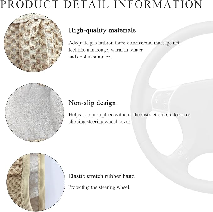 Elastic Steering Wheel Cover, 15"×15" Comfy Breathable Stretch Steering Wheel Protector, Ice-Silk Cloth Polyester Steering Wheel Cover for Men Women, Car Accessories (Beige)