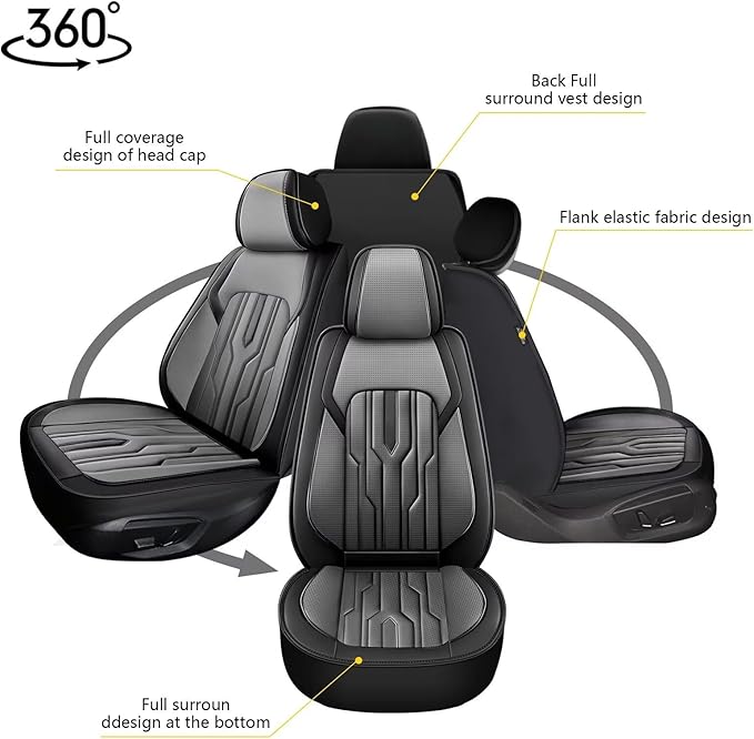 YORKENIC Fit for VW Volkswagen Jetta Seat Covers Front Set 2007-2025: Breathable Leather Car Seat Covers Compatible Airbag (2 Front Set, Black & Grey)