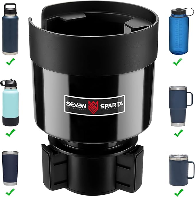 Seven Sparta Car Cup Holder Expander with Adjustable Base, Compatible with Hydro Flasks 32/40 Ounce, Compatible with Yeti Ramblers 20/26/30 Ounce, Other Bottles in 3.4"-3.8" (Black)