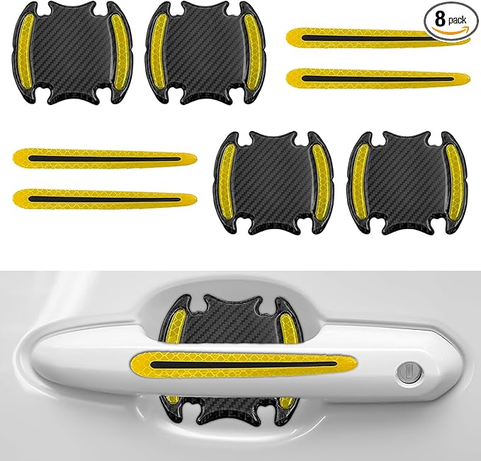 8PCS Universal Car Door Handle Protector Sticker - 3D Carbon Fiber Anti-Scratch Cover, Self-Adhesive & Non-Marking Reflective Safety Strips, Paint Protection Film (Orange)