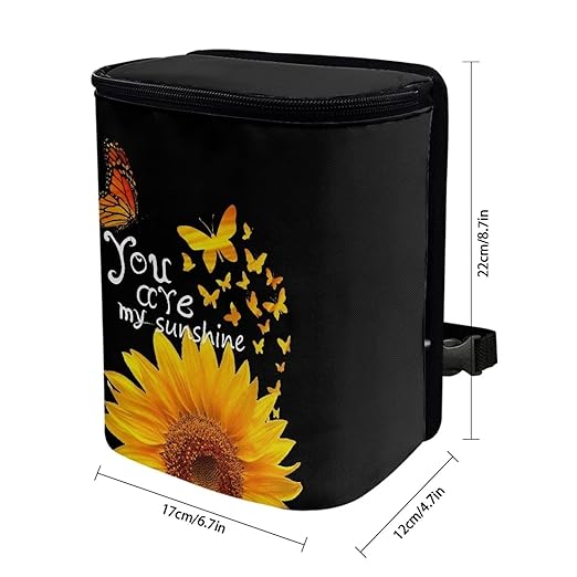 Sunflower Butterfly Print Car Trash Can with Lid, Auto Garbage Bin Leak-Proof Automotive Garbage Can Multipurpose Foldable Organizer Hanging Bag for Automotive SUV Trunk