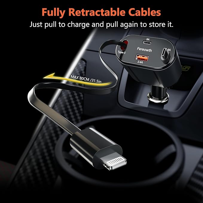 Fereowth Retractable Car Charge 4 in 1 Fast Car Phone Charger Adapter PD 62W Phone Retractable Cables (31.5 inch) and 2 USB Ports Car Charger， Compatible with iPad,Samsung,Pixe iPhone 15/14/13, Black
