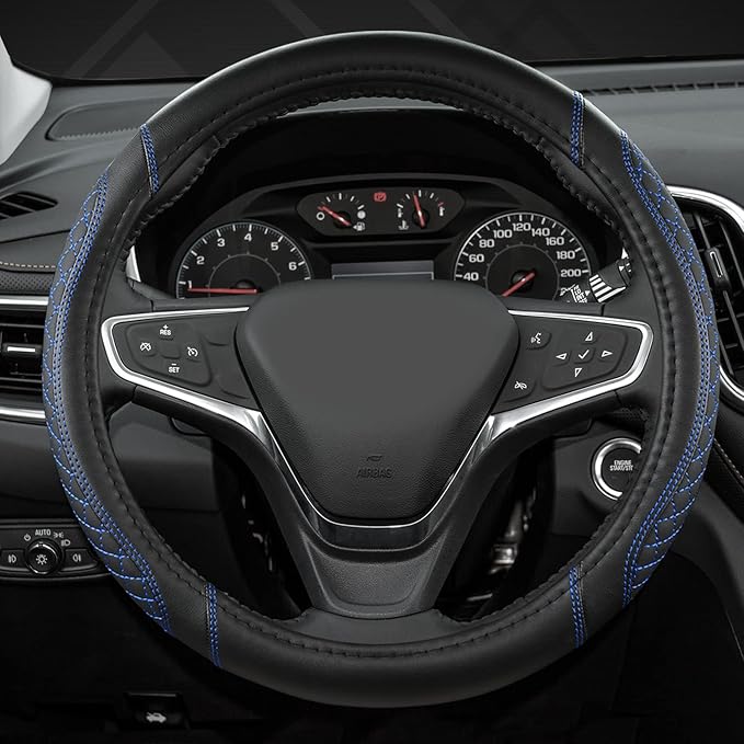 West Llama Customized Auto Car Steering Wheel Cover for Chevy Silverado,Tahoe,Equinox,Traverse,Trailblazer,Colorado (Diamond Quilted-Black+Blue-Standard Size)