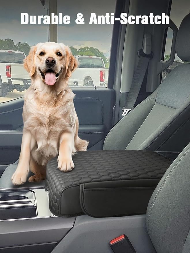 Center Console Cover Nappa Leather Armrest Cover Compatible with 2021-2024 2025 2026 F150 Bucket Seat Middle Console Cover with Two Side Pockets Center Console Cushion(Bucket Seat Only)