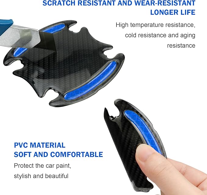 8PCS 3D Carbon Fiber Car Door Handle Protector Sticker, Universal Auto Door Handle Anti Scratch Cover Guard, Car Outdoor Safety Reflective Strips, Paint Guard Protective Films(Blue)