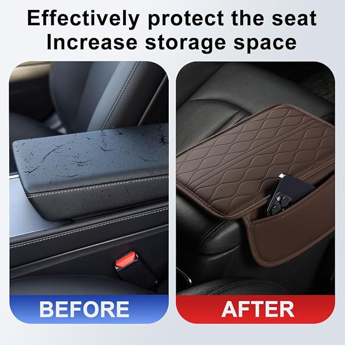 Car Center Console Cover, Leather Vehicle Armrest Seat Box Pad Cushion with 2 Storage Bags, Automotive Interior Arm Rest Protector Accessories, Universal for SUV, Sedan, Truck (Coffee)