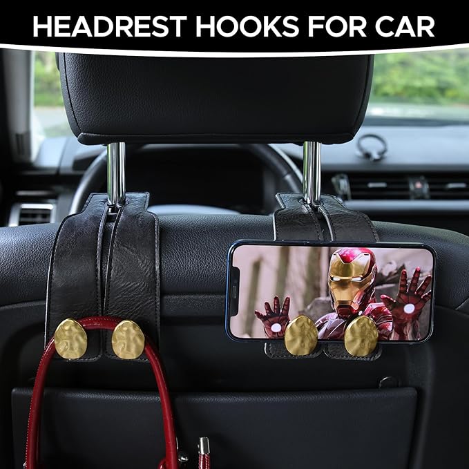 URIZZD 4 PCS Leather Car Seat Hooks for Headrest, Vehicle Hanger Storage Organizer Universal for Handbag Purse, Car Accessories Gift (Black-Gold-4 PCS)