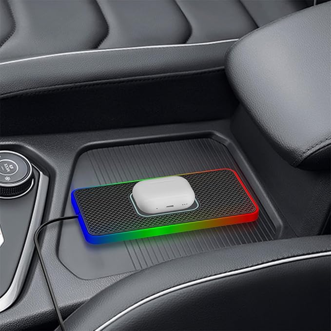 Wireless Charging Mat with RGB for Car, Wireless Car Charger Charging Pad 15W Non Slip Charger for Car Cell Phone