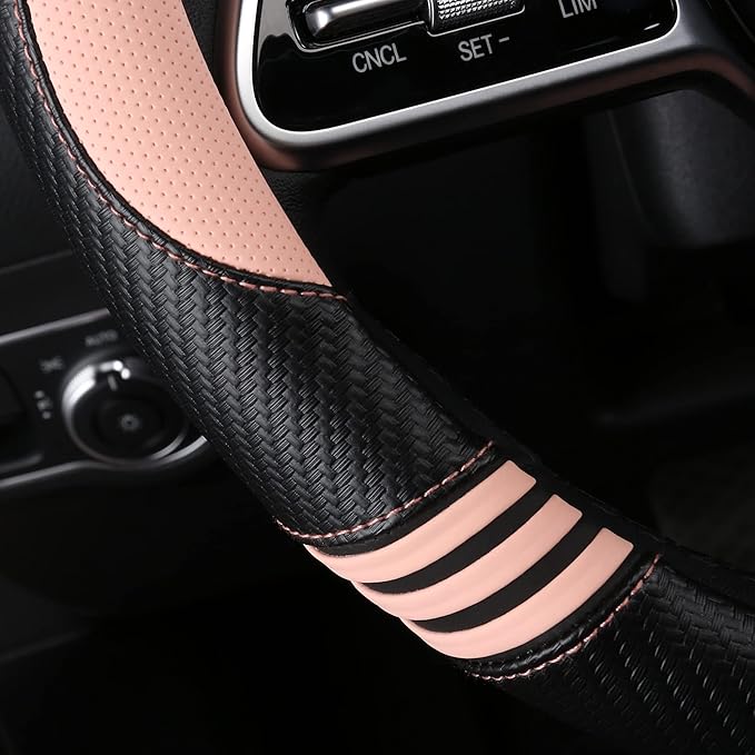 Car Steering Wheel Covers for Women Padded Carbon Fiber PU Leather Cute Auto Interior Accessories for Vehicle, Sedan, Universal, Anti Slip, Pink, Standard Size, 14.75-15.15in