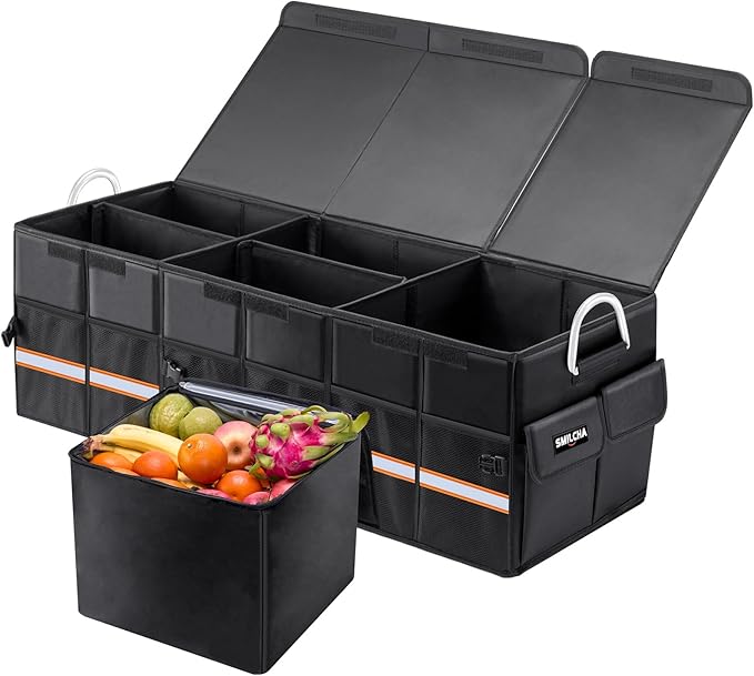 Heavy-Duty Extra Large 100L Premium Foldable Car Trunk Organizer with Lid + 26L Cooler Bag, Waterproof Robust Durable 1680D Oxford & Multi-Compartment Collapsible for SUV, Truck, Van, Sedan (Black)