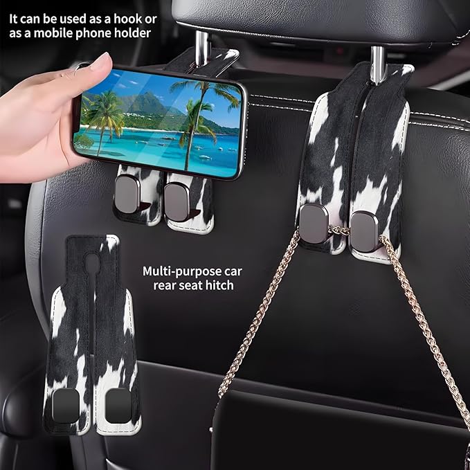 AXBSAKDI Car Seat Back Storage Headrest Hook, Premium Leather Double Metal Hook, Hanger Storage Organizer for Purse Cloth Bag, Car Interior Accessories Black White Cowhide