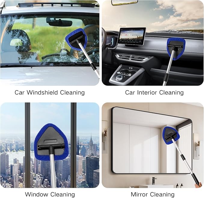 10pcs Windshield Cleaner Tool, Car Window Cleaning Wash Kit with 4 Reusable Microfiber Pads 1 Spray Bottle and Extendable Handle Auto Glass Wiper Kit, Blue&Green