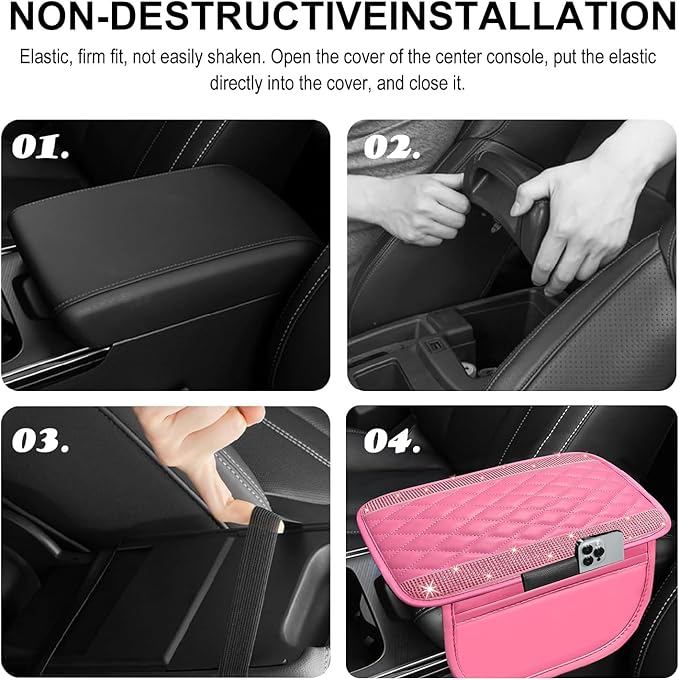 NBTEPEM Bling Pink Car Center Console Cover, Leather Car Arm Rest Cover with 2 Storage Bags, Universal Auto Armrest Protector Storage Box, Pink Bling Accessories Interior for Most Vehicles