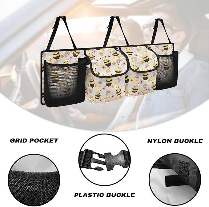 Car Trunk Organizer and Storage, Cartoon Bees Large Capacity Backseat Hanging Storage with 4 Storage Bag Car Accessories, Backseat Car Organizer Universal for Cars, Truck, vans