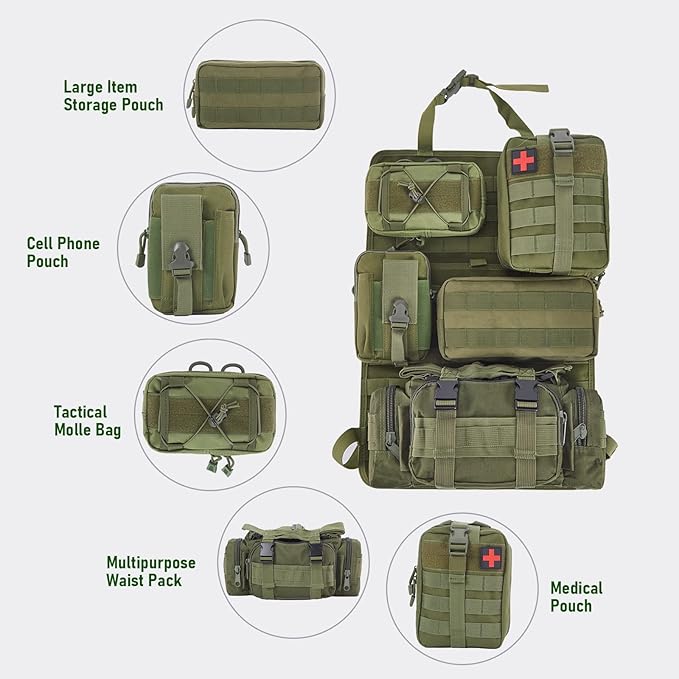 Universal Tactical Seat Back Organizer Vehicle Molle Panel Organizer Storage Bag with 5 Detachable Molle Pouch for All Vehicel Such as Jeep,Truck,SUV, Car, Ford,Chevy etc