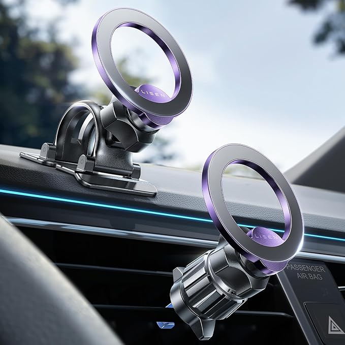 LISEN [Pro-Purple Magnetic Car Phone Holder [Upgrade 3M ] Car Magnet Phone Mount [ Ultra Strong Magnets] for Mag Safe Car Mount [Vent&Dash] Car Accessories for Men Women fit iPhone 17-12 Kits
