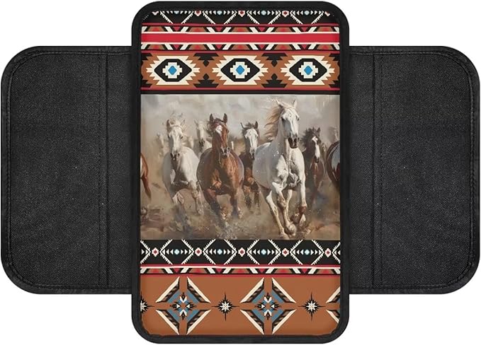 Dreaweet Aztec Ethnic Tribal Horse Pattern Car Center Console Cover with Pockets Soft Comfy Car Arm Rest Cover Pad Universal Non-Slip Armrest Cover for Car Truck Van
