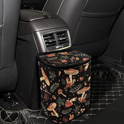 Forest Mushroom Car Trash Can with Lid Hanging Car Trash Bag Leak-Proof Portable Cars Garbage Bin Truck Sedan Accessories Interior Cars Organizer