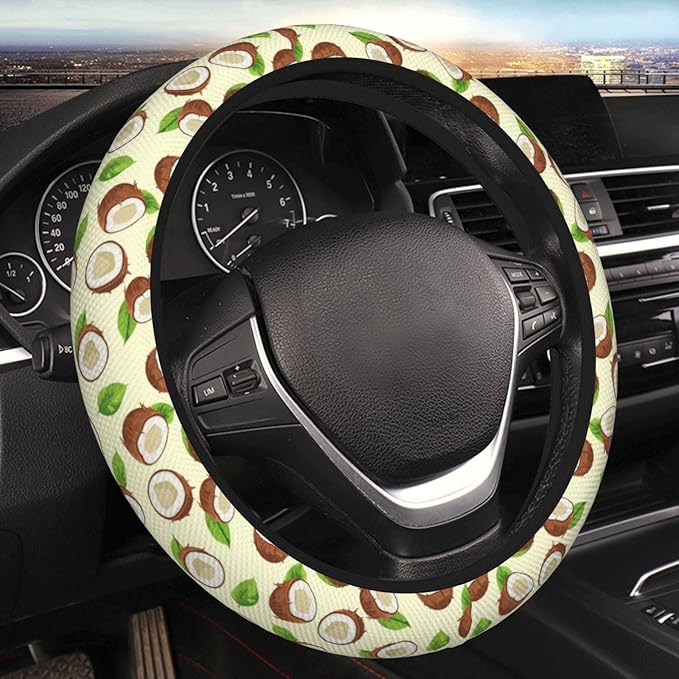 Coconut Yellow Steering Wheel Cover for Women Men Girls, Car Accessories Decor Thickened Anti-Slip Auto Steering Wheel Covers Protector Universal Fit 15 Inch for Cars, Truck, SUV