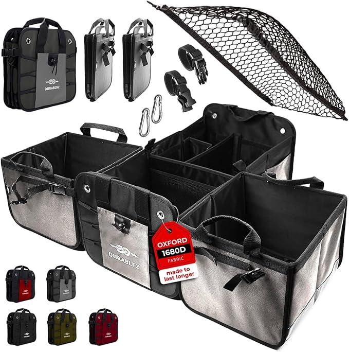 DURABLEZ Modular 4-Section XL Trunk Organizer – Car Storage for Groceries, Tools, Sports Gear, Emergency Kits – Extra Large Multi-Compartment Cargo Box, Collapsible & Heavy Duty – Gray