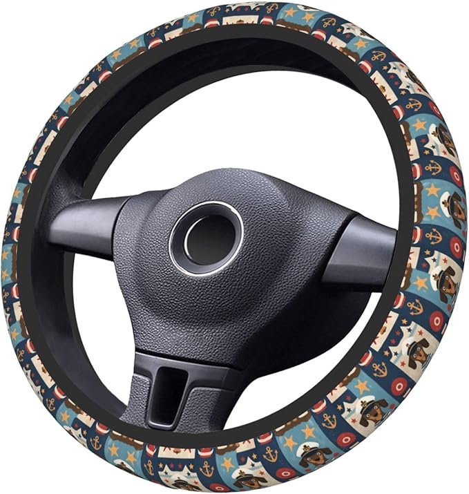 Dachshunds?Sailors Nautical Dog Pattern Car Steering Wheel Cover, 15 Inch Steering Wheel Cover Stylish Decor for Most Cars