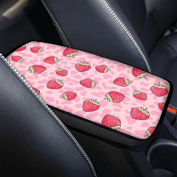 Pink Strawberry Car Center Console Armrest Cover for SUV Vehicles Cute Pink Armrest Box Cover Center Console Pad Universal Fit Strawberry Automotive Accessories