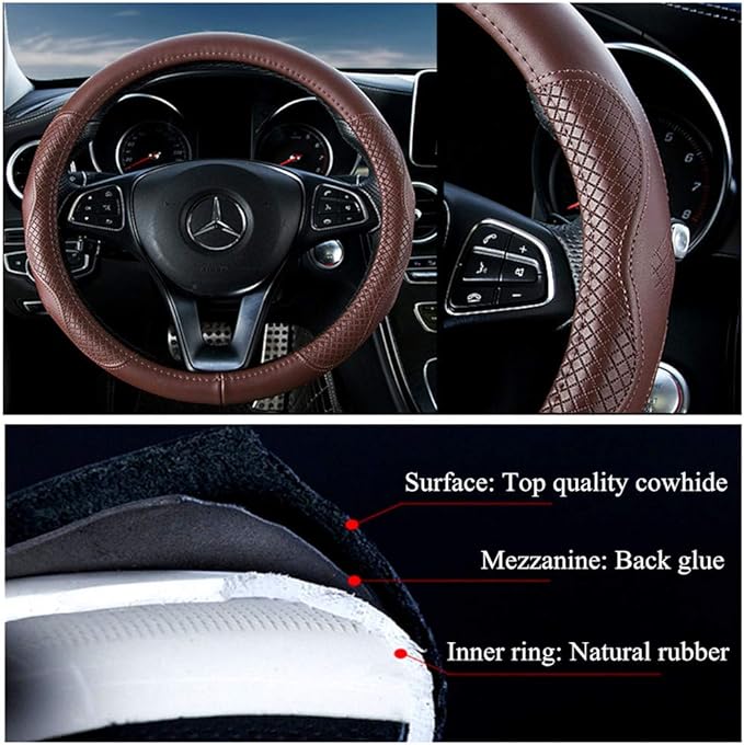 Brown Wheel Cover Cowhide Steering Wheel Cover Leather Car Steering Wheel Cover Universal 15.5inch / Size L (B-Brown-L)