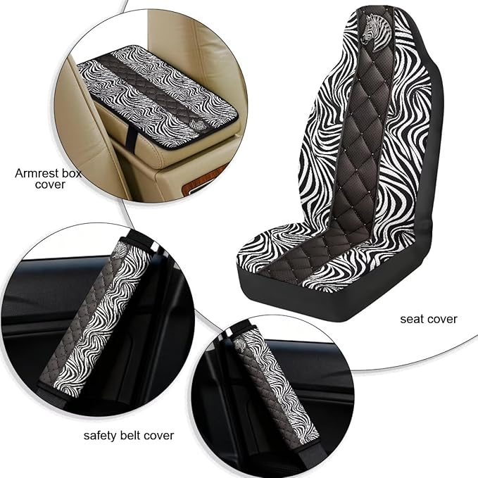 Qeluxign PU Leather Car Seat Cover Set of 5 Auto Accessories 2 Front Bucket Seat Covers, 2 Seatbelt Pads & 1 Armrest Cover, Easy to Install,Zebra Print Zebra Head