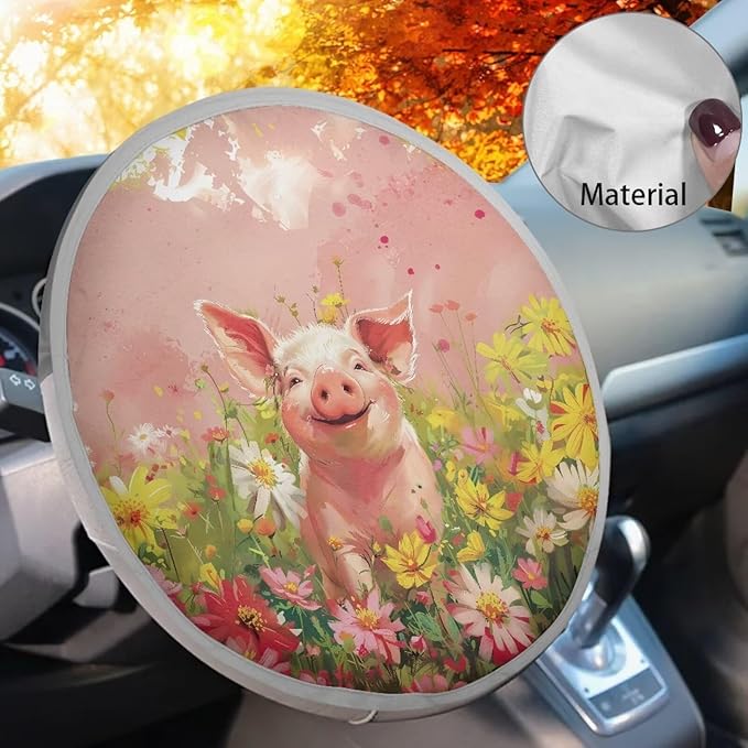 Pig Flowering Shrubs Pink Pattern Steering Wheel Sunshade Cover Sun Protection Steering Wheel UV Reflector Shade Cover Car Interior Accessories Fit Most Car Truck Van SUV