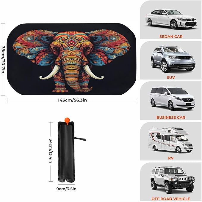 Buyidec Car Windshield Sunshade Umbrella Boho Vintage Elephant Foldable Car Windshield Sun Shade Cover Front Window Heat Insulation Protection Fit Most Vehicle 57 X 30 in