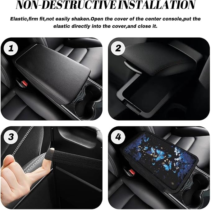 Dreaweet Car Armrest Cover Pad Blue Butterfly Flower Print Center Console Covers with Pockets for Car SUV Truck Sedan,Universal Washable Arm Rest Cover for Car