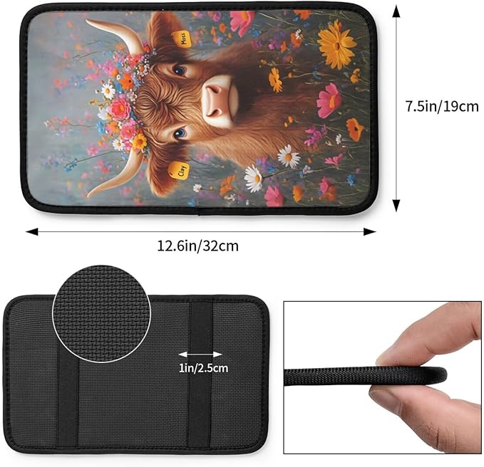 Universal Car Center Console Cushion Pad, Cute Highland Cow Flowers Soft Waterproof Car Center Console Cover Auto Armrest Seat Box Cover Protector for Most Vehicle SUV Truck Car