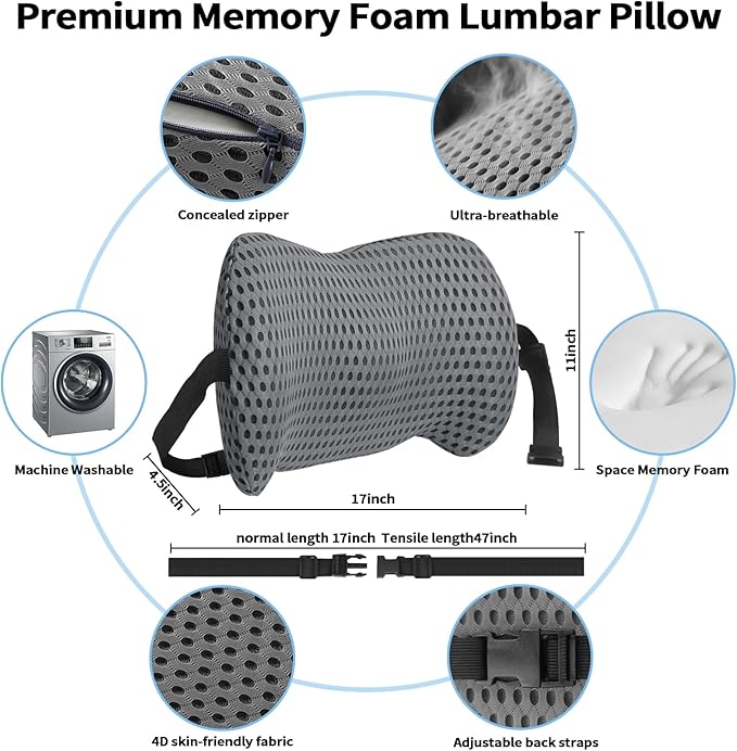 sproerden Lumbar Support Pillow with Adjustable Straps for Lower Back Pain Relief. Memory Foam Lumbar Support Pillow for Car, Bed, Office Chair, Gaming Chair, Recliner, Improves Posture (Gray)