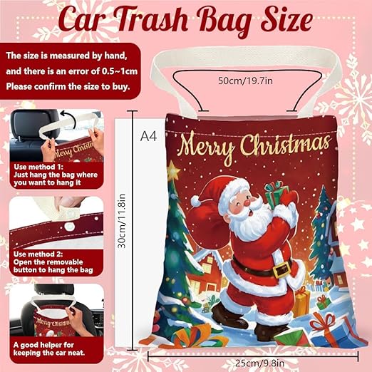 Santa Claus Print Car Trash Bag Portable Hanging Christmas Garbage Bag with Snap Buttons Back Seat Rubbish Storage Dustbin for Women Man Car Interior Accessories Kitchen Home Festival Gift
