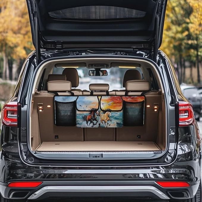 Back Seat Trunk Organizer Running Horses Seagull Hanging Car Organizer Trunk Foldable Cargo Storage with Pockets& 3 Adjustable Straps 37.01x11.81 inch,Car Decoration