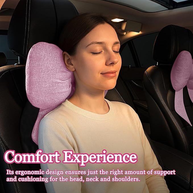 wuyaoyao Bow Car Headrest Pillow, Cute Bow Shape Car Neck Pillow, Soft Comfortable Automotive Seat Headrest Pillows for Driver, Universal Vehicle Neck Support Cushion for Sleeping Travel(Pink)