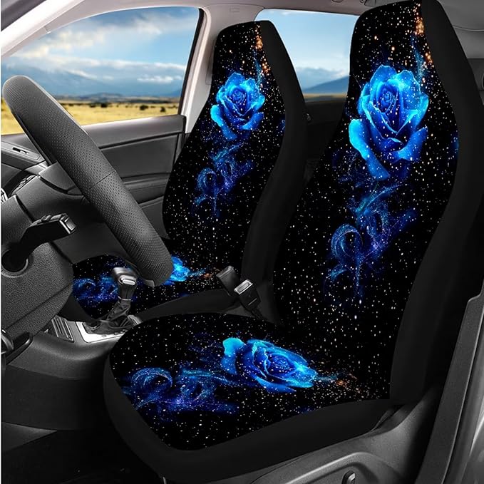 Dngkaoje 13 Pack Romantic Rose Car Seat Cover Full Set for Women Auto Interior Accessories Set with Blue Rose Leakproof Hanging Vehicle Trash Bin,Handbrake Shift Covers,Steering Wheel Covers