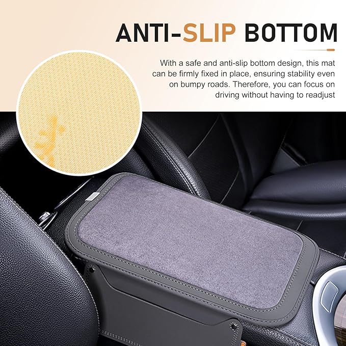 Upgraded Car Center Console Cover, Furry Soft & Comfortable Center Elbow Cushion with Two Side Storage Pockets, Luxury Leather Plush Armrest Pad Decoration, for Most Vehicles (Gray)