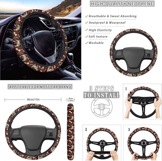 10 Pieces Car Seat Cover Full Sets, Pug Rose Print Car Front Bucket Seat Protectors with Split Bench Back Seat Covers, Steering Wheel Protector, Coaster, Trash Can, Air Vent Storage Bag